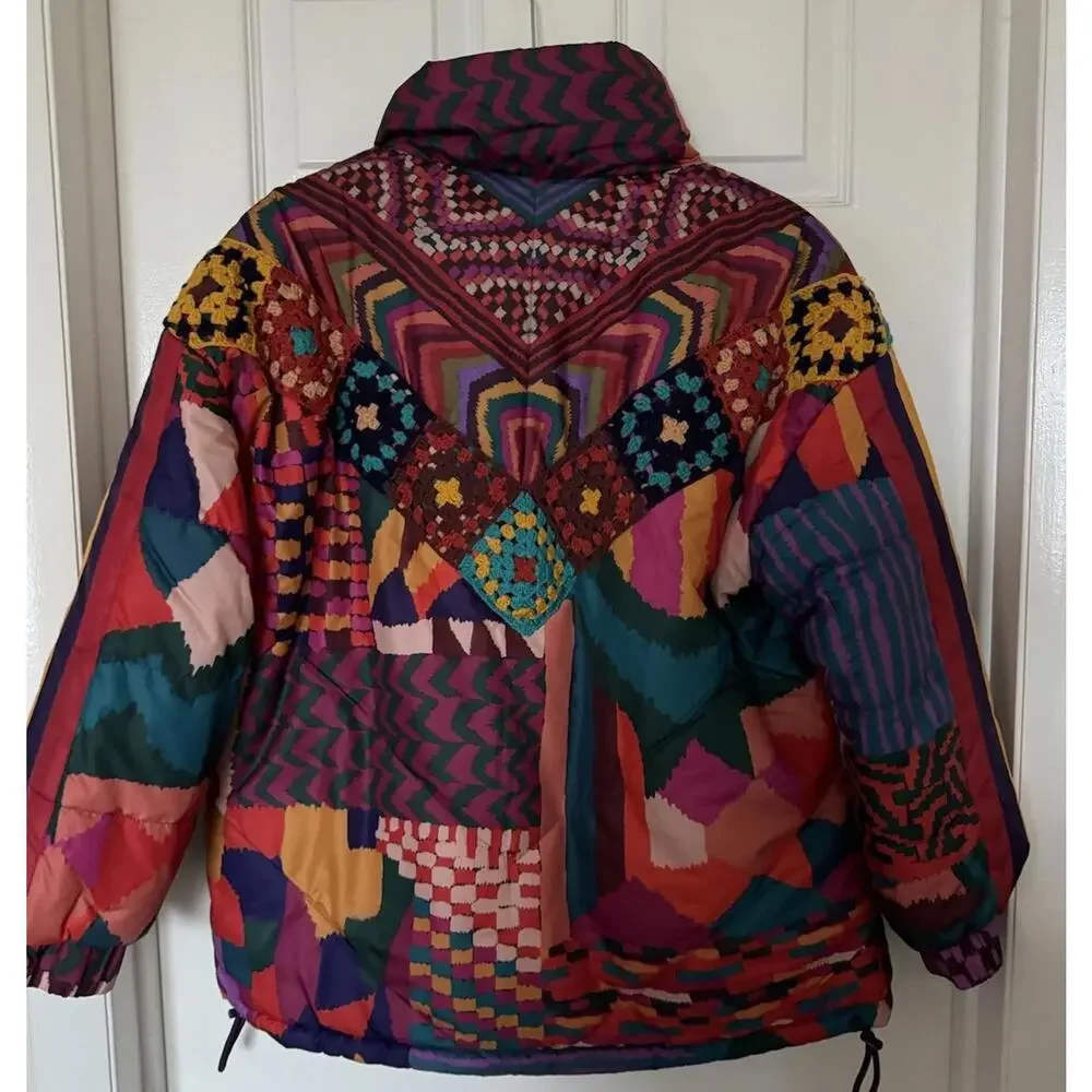 Farm Rio Women's XS Red Abstract Patches Reversible Full Zip Puffer Jacket NEW - Picture 7 of 16